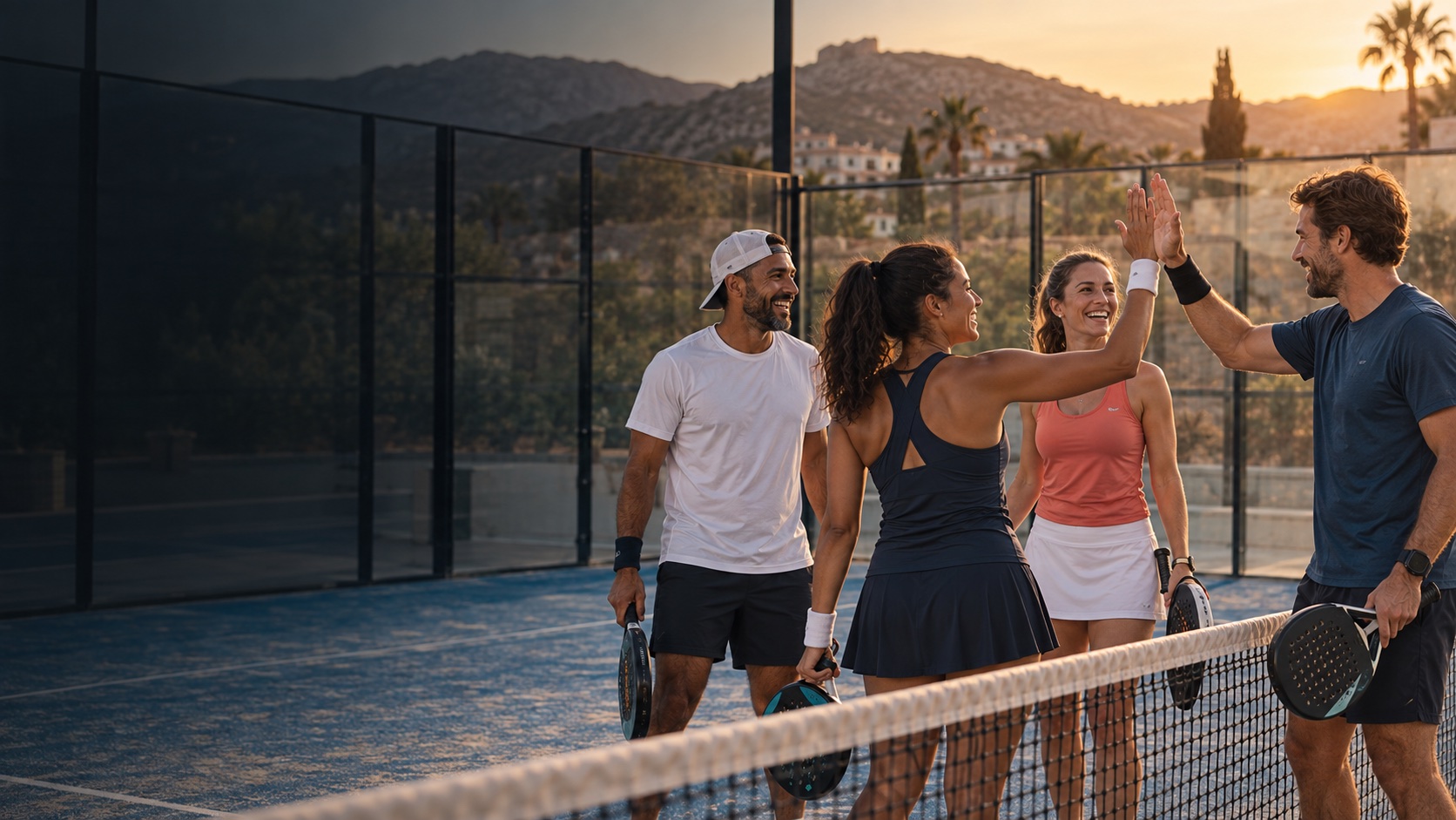 A group of adult padel players meeting on court near Alicante